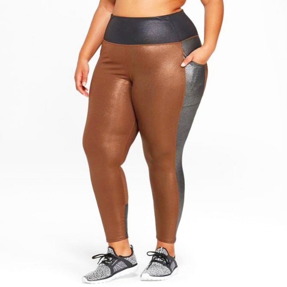 New JOYLAB 7/8 High-Rise Shine Leggings Pockets Bronze\Silver 2X